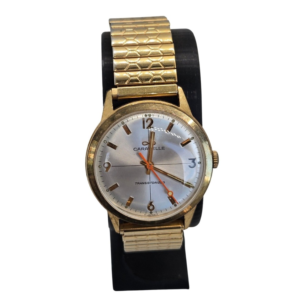 Vintage Caravelle Transistorized Mens Watch Gold Tone Stretch Band Parts Repair